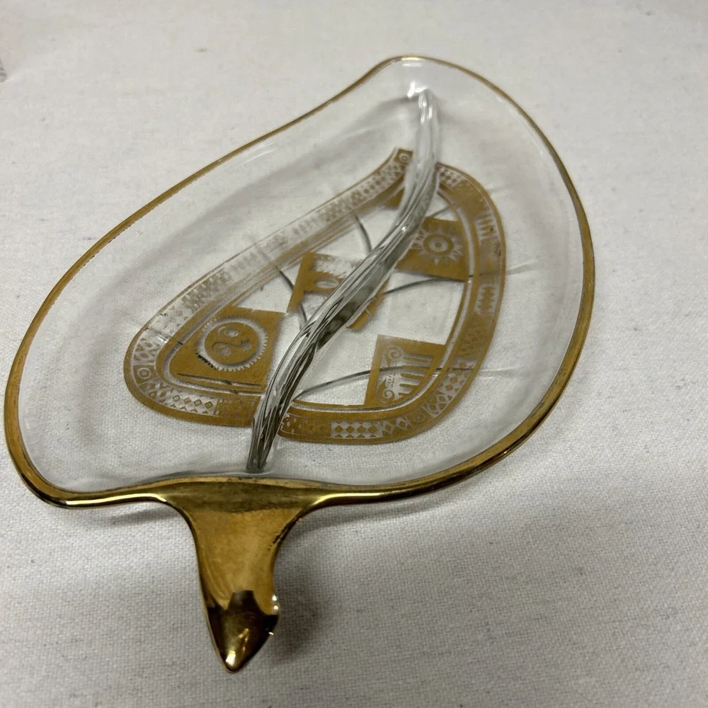 Vintage Georges Briard Glass Leaf Tray Gilded Gold‎ Accent Greek Candy Nut Dish